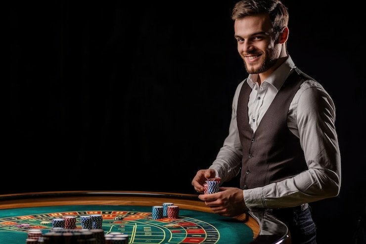 Tampilan meja Casino Hold'em dengan tombol aksi pemain
